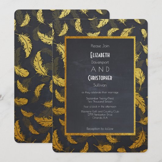 Elegant en chic Black en Gold Feather Wedding Kaart (Voorkant / Achterkant)