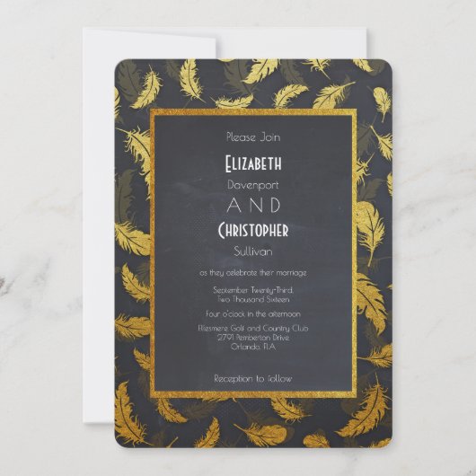Elegant en chic Black en Gold Feather Wedding Kaart (Voorkant)