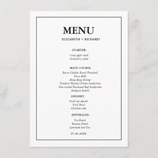 Elegant en chique paar douche Vrijgezellenfeest Menu (Voorkant)