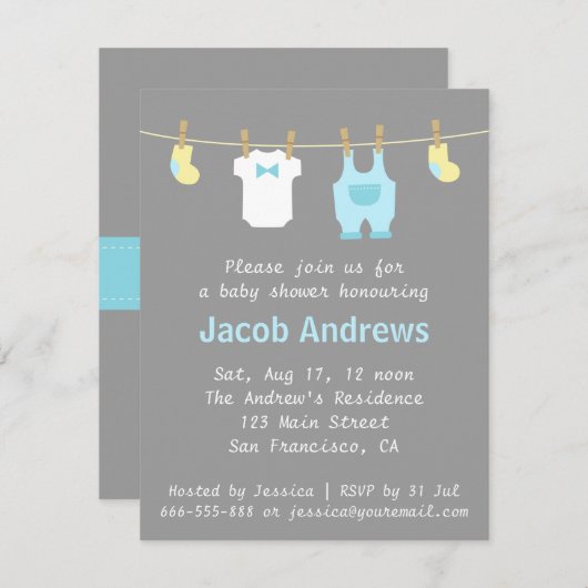 Elegant en Cute Baby Boy Shower, Blue en Grey Kaart (Voorkant / Achterkant)