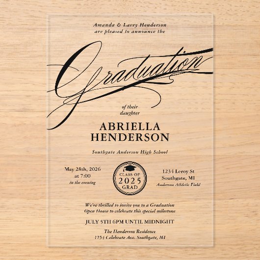 Elegant en formeel script Afstuderen Acryl Uitnodigingen (Voorkant)