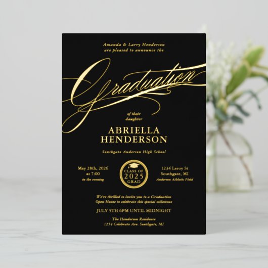 Elegant en formeel script Afstuderen Folie Uitnodiging (Staand Voorkant)