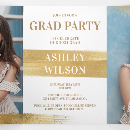 Elegant en Fun Gold Afstuderen drivovoudige uitnod Drieluik Programma (Binnenkant midden)