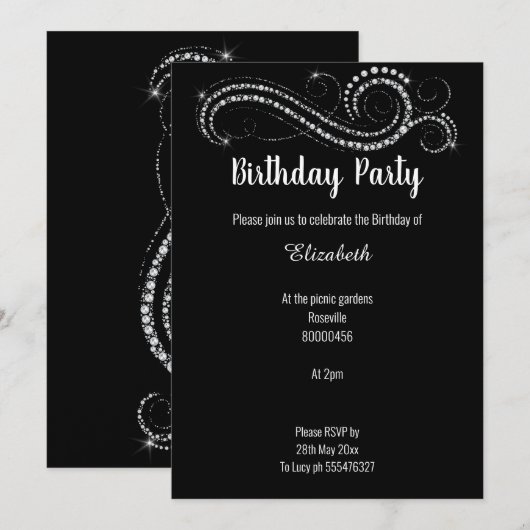 ELEGANT EN KLASSY BLACK DIAMOND BIRTHDAY PARTY KAART (Voorkant / Achterkant)
