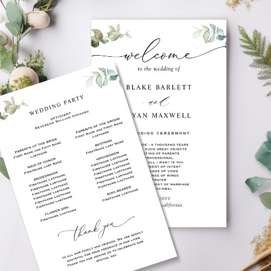 Elegant en minimaal groen bruiloft programma