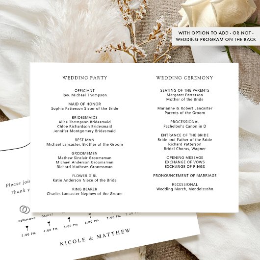 Elegant en minimaal huwelijksprogramma met tijdlij programmakaart