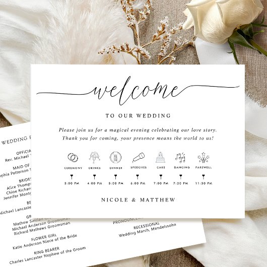 Elegant en minimaal huwelijksprogramma met tijdlij programmakaart