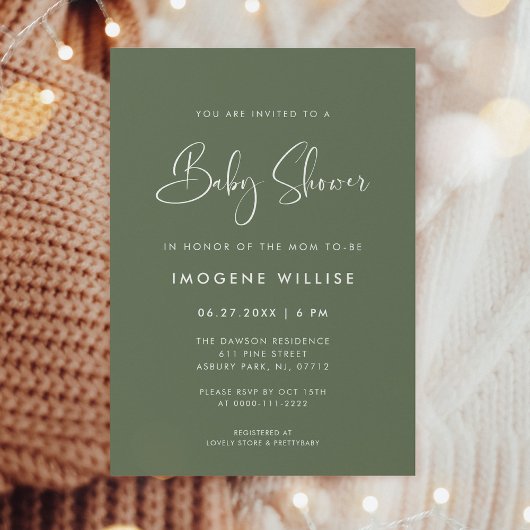 Elegant en modern Dark Sage Green Baby shower Kaart