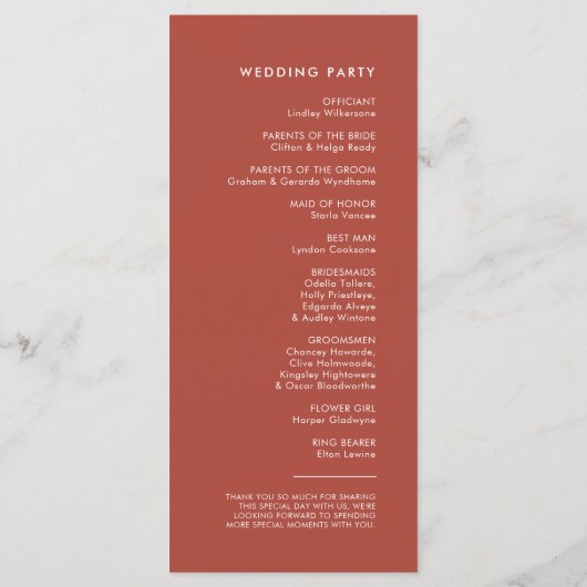 Elegant en modern huwelijksprogramma voor terracot programmakaart (Achterkant)