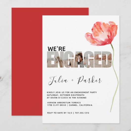 Elegant en Modern Poppy Red Engagement Party Kaart (Voorkant / Achterkant)