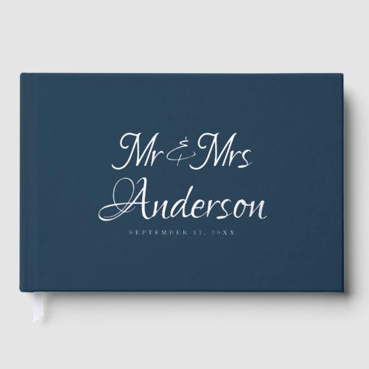 Elegant en modern script Navy Blue Wedding Gastenboek (Voorkant)