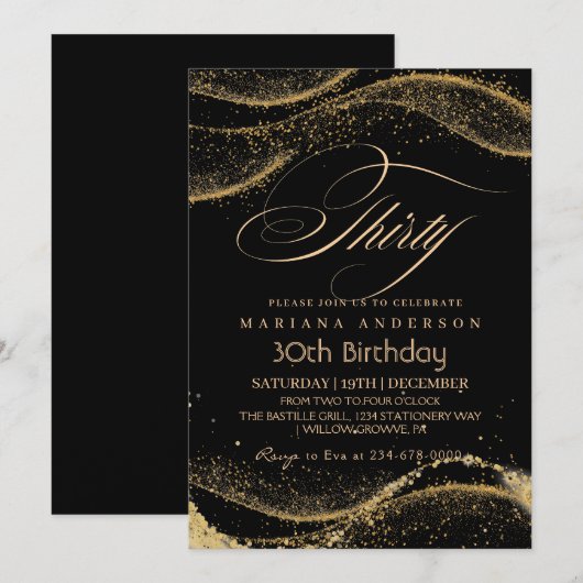 Elegant en modern zwart goud 30e verjaardag Invita Kaart (Voorkant / Achterkant)