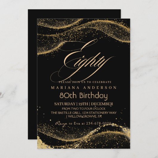 Elegant en modern zwart goud 80ste verjaardag Invi Kaart (Voorkant / Achterkant)