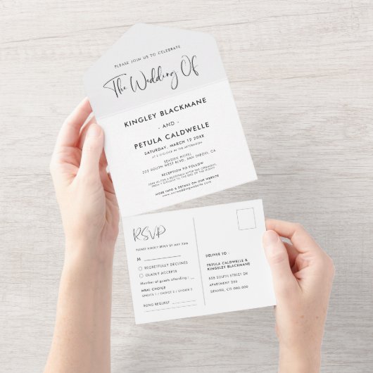 Elegant en modern zwart-wit huwelijk all in one uitnodiging (Afscheurbaar)