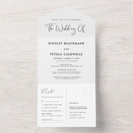 Elegant en modern zwart-wit huwelijk all in one uitnodiging (Binnen)