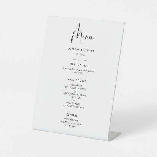 Elegant en modern, zwart-wit trouwmenu reclamebord met voetstuk (Voorkant)