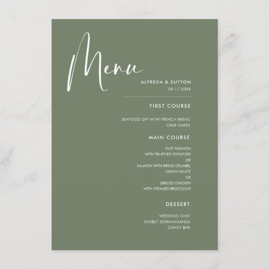 Elegant en moderne groene bruiloft menu (Voorkant)