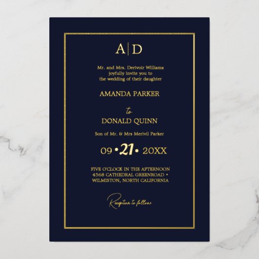 Elegant en romantisch blauw marine monogram bruilo folie uitnodiging (Voorkant)