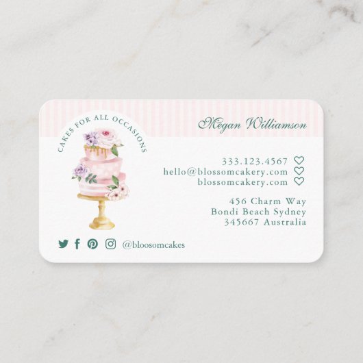 Elegant en Roze Waterverf Floral Cake Bakery Visitekaartje (Achterkant)