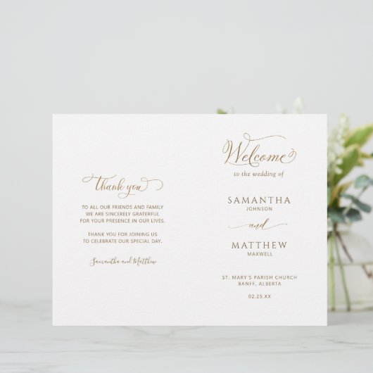 Elegant en Simple, Gold Folded Wedding Program (Staand voorkant)