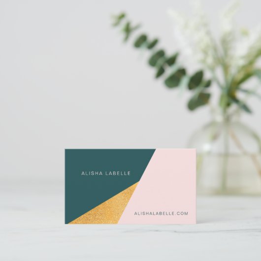 Elegant en trendy geometrisch roze, groen en goud visitekaartje (Staand voorkant)
