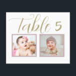 Elegant en uniek tabelnummer van de aangepaste bru<br><div class="desc">De elegante en unieke kaarten van het de lijstaantal van de douanebruiloft kenmerken kinderfoto's van de bruid en groom op een leeftijd die met het lijstaantal beantwoordt. Om aan te passen: typ in het lijstaantal, klik "verandering"door de standaardfoto's om uw eigen digitale of gescande foto's te uploaden, en voeg die...</div>