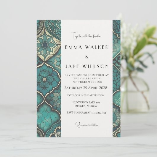 Elegant en vet gedetailleerd groen patroon bruilof kaart (Staand voorkant)