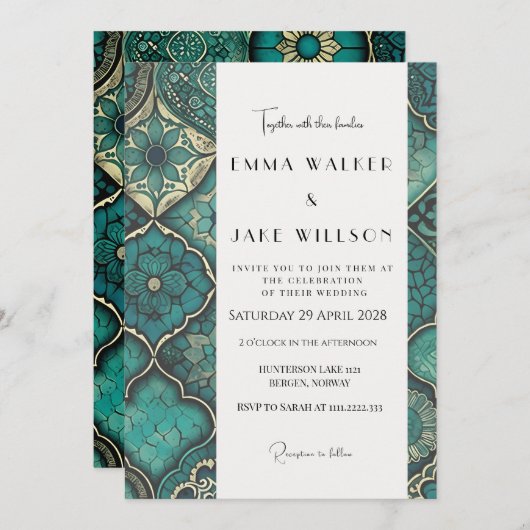 Elegant en vet gedetailleerd groen patroon bruilof kaart (Voorkant / Achterkant)