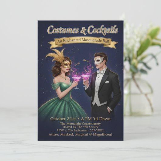 Elegant Enchanted Masquerade Ball Halloween Party Kaart (Staand voorkant)