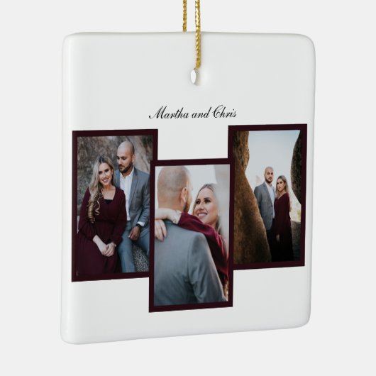 Elegant Engaged Married Script 3 Photo Collage Red Keramisch Ornament (Rechts)