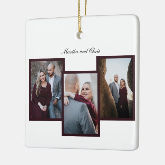 Elegant Engaged Married Script 3 Photo Collage Red Keramisch Ornament (Links)