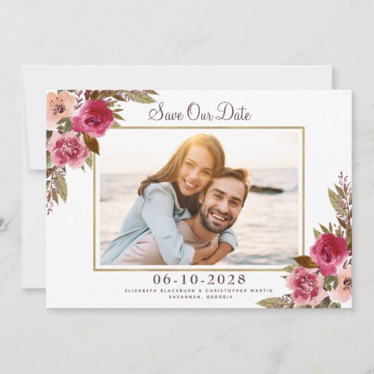 Elegant Engaged Photo Floral Wedding Gold Lijst Save The Date (Voorkant)
