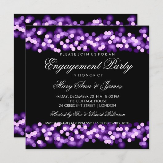 Elegant Engagement Party Gold Hollywood Paars Kaart (Voorkant / Achterkant)