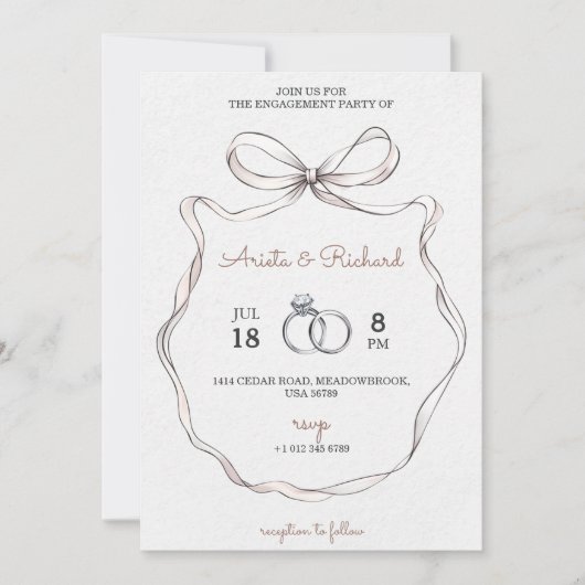 Elegant engagement party invitation with a bow kaart (Voorkant)