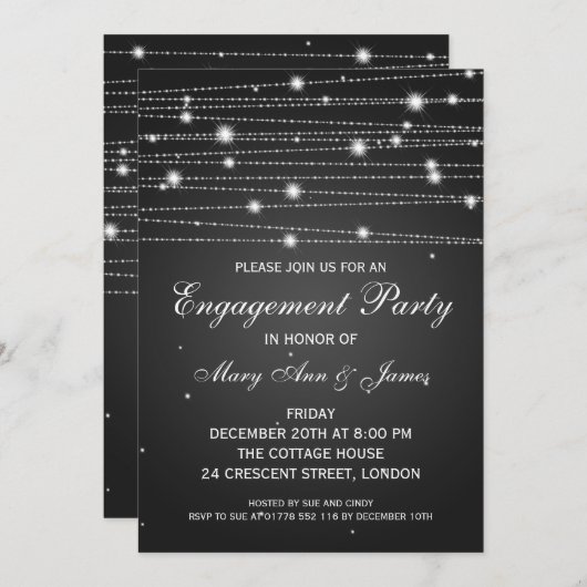 Elegant Engagement Party Sparging Lines Black Kaart (Voorkant / Achterkant)