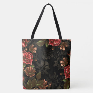 Elegant Engraved Black Floral Tote Bag