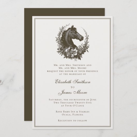 Elegant Equestrian Horse Wreath Equine Wedding Kaart (Voorkant / Achterkant)