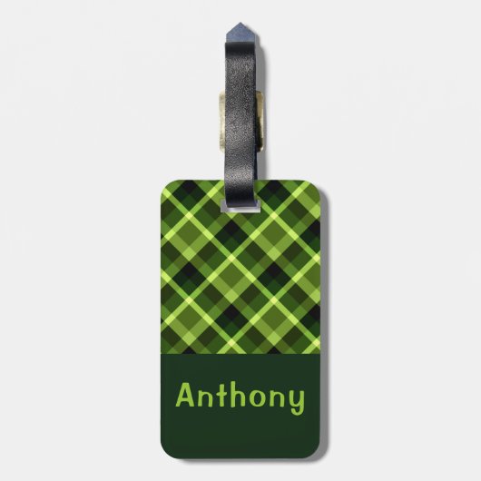 Elegant erwtengroen Plaid Monogram Bagagelabel (Achterkant verticaal)