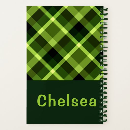 Elegant erwtengroen Plaid Monogram Spiral Notitieb Notitieboek (Achterkant)