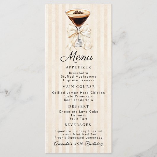 Elegant Espresso Martini Birthday Dinner Flat Menu (Voorkant)