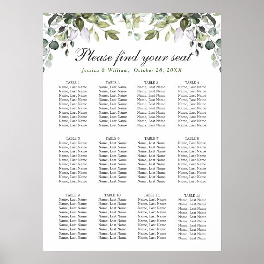 Elegant Eucalyptus 12 Tables Wedding SEATING CHART Poster (Voorkant)