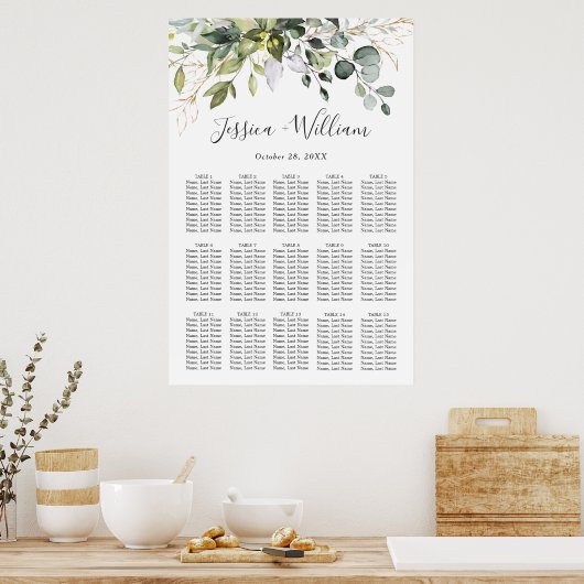 Elegant Eucalyptus 15 Tables Wedding SEATING CHART Poster (Keuken)