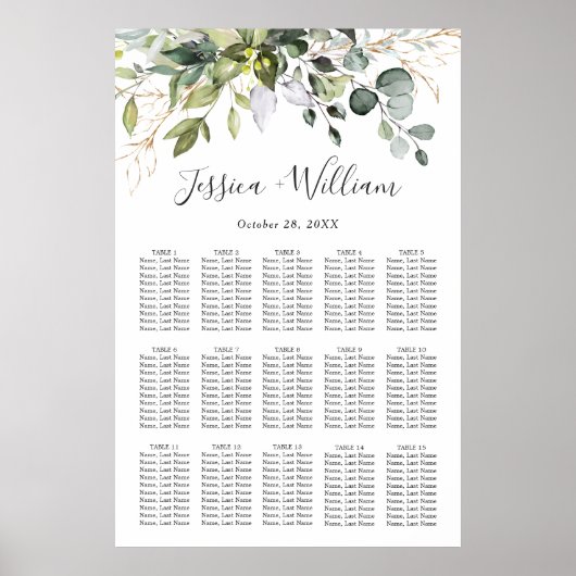 Elegant Eucalyptus 15 Tables Wedding SEATING CHART Poster (Voorkant)