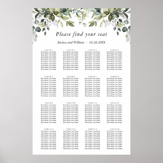 Elegant Eucalyptus 16 Tables Wedding SEATING CHART Poster (Voorkant)