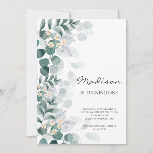 Elegant eucalyptus 1e verjaardag kaart (Voorkant)