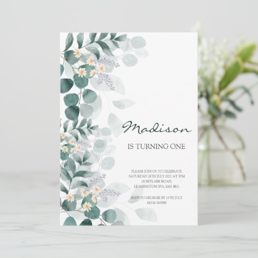 Elegant eucalyptus 1e verjaardag kaart (Staand voorkant)