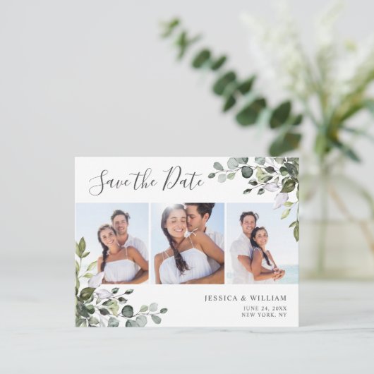 Elegant Eucalyptus 3 FOTO Weddenschap Save the Dat Briefkaart (Staand voorkant)