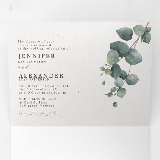 Elegant Eucalyptus All-in-One Weddenschap Drieluik Uitnodiging (Binnenzijde eerst)