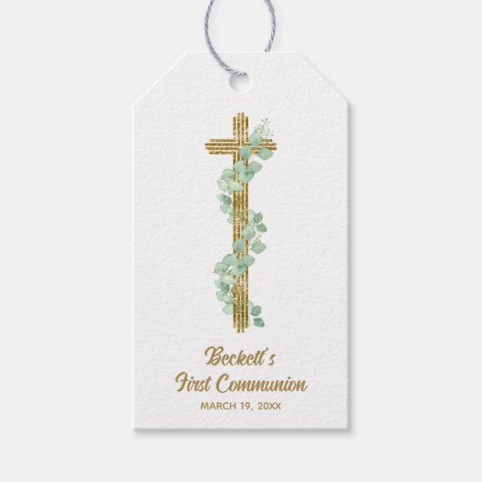 Elegant Eucalyptus and Cross First Communion Cadeaulabel (Voorkant)