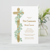 Elegant Eucalyptus and Cross First Communion Kaart (Staand voorkant)